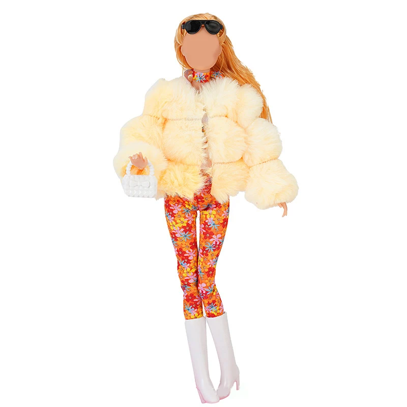 30CM Doll Clothes Winter Plush Fur Coat Pants Clothing For Doll Clothes Dollhouse Accessories Girl`s Toy