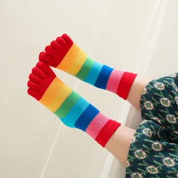 5 paia di calzini per bambini di colore brillante calzini felici a righe arcobaleno in puro cotone con dita 2-5-10Y neonate ragazzi moda colorata