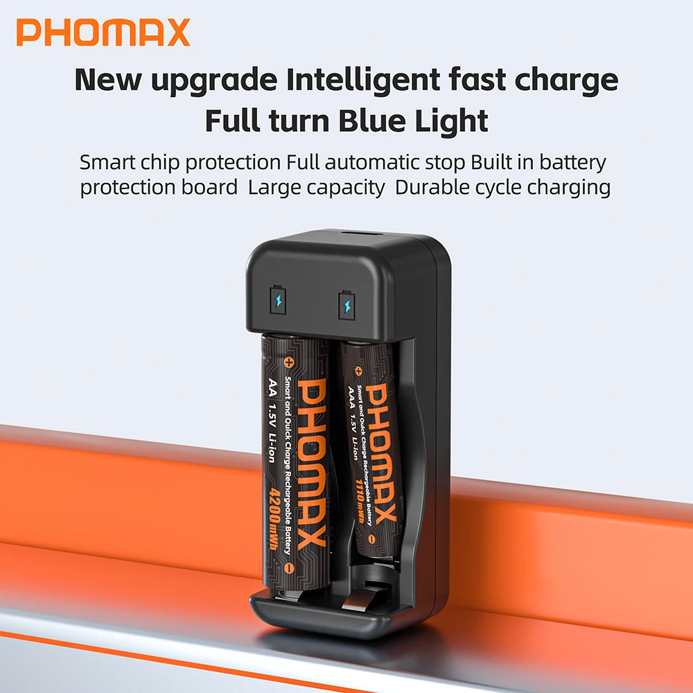 PHOMAX AAA and AA Rechargeable Batteries Charger Lithium-ion 4200mWh 1.5V AA Rechargeable Batteries+1110mWh 1.5V AAA Battery