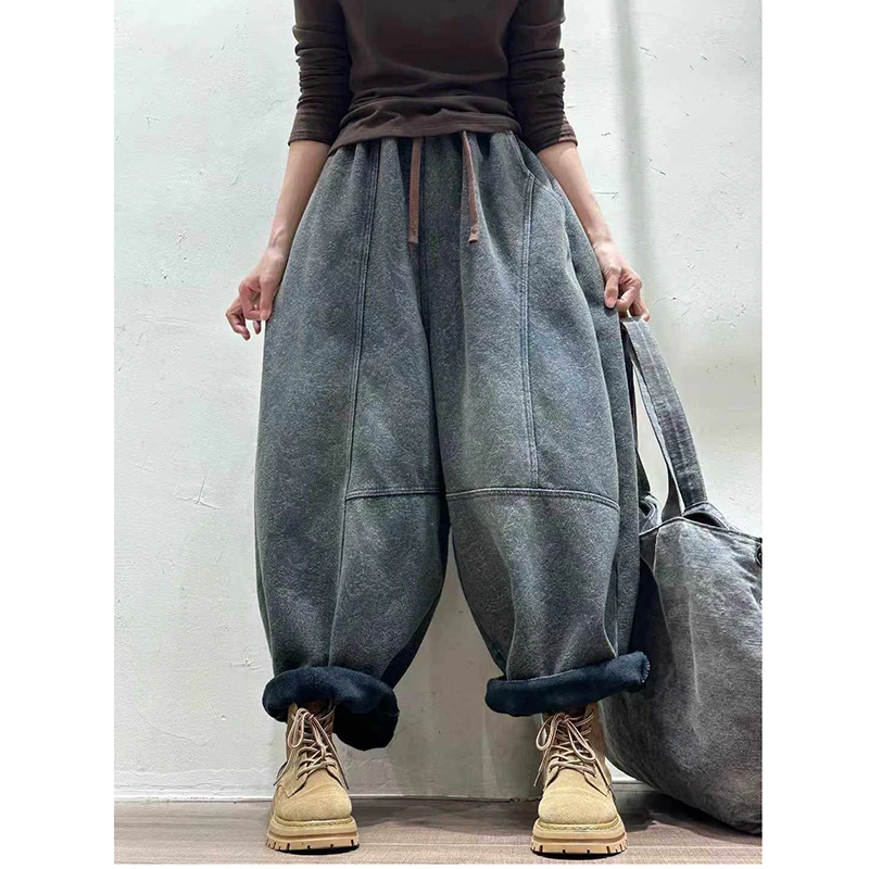 New Arrival Winter Women Loose Fit Casual Cotton Denim Warm, Thickened Ankle-length Pants Jeans Elastic Waist Wide Leg Jeans M91