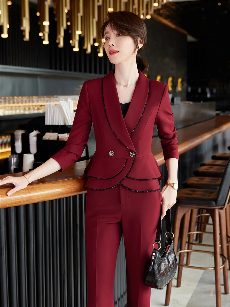 Women's pants suit Spring Autumn Office Ladies Elegant Blazer Trousers 2 Pieces of Sets Female Wine Red  Trouser Suits