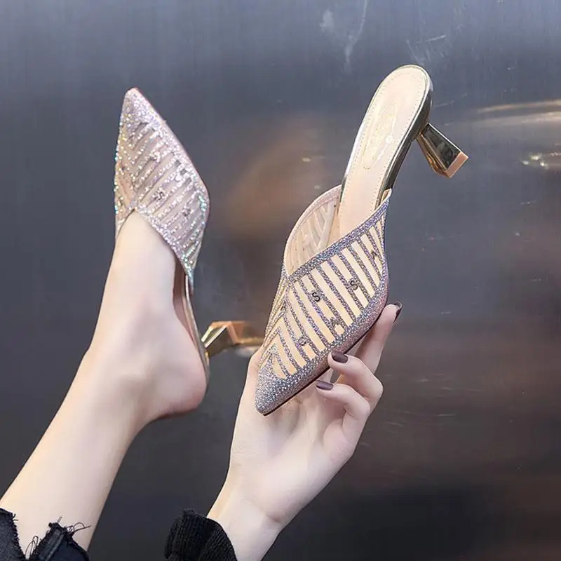 

Chaussons d'été à mailles en strass pour femmes, avec bout pointu et talon moyen, Baotou, demi-chaussons