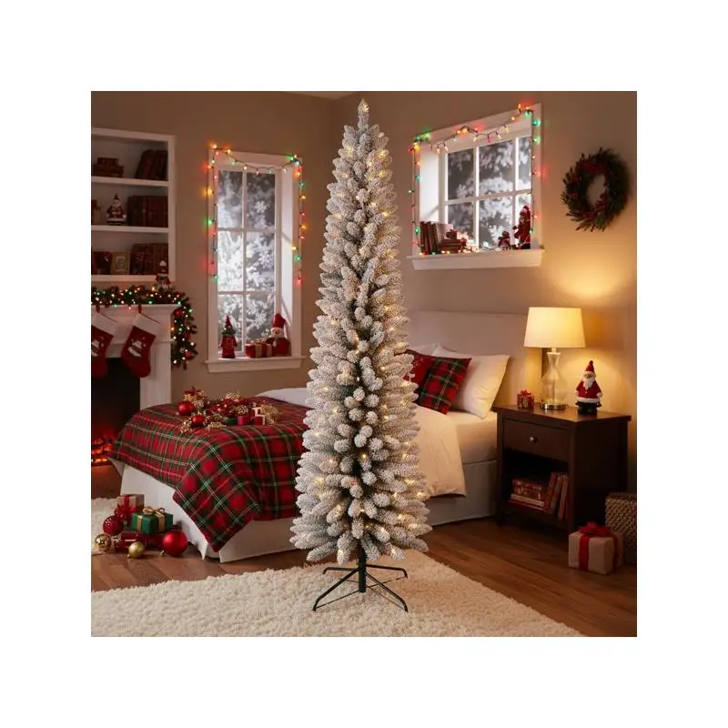 Флокированная тонкая рождественская елка-карандаш длиной 5 футов с 100 теплыми белыми светодиодами, 263 наконечниками, простая сборка, компактный дизайн, идеально подходит для