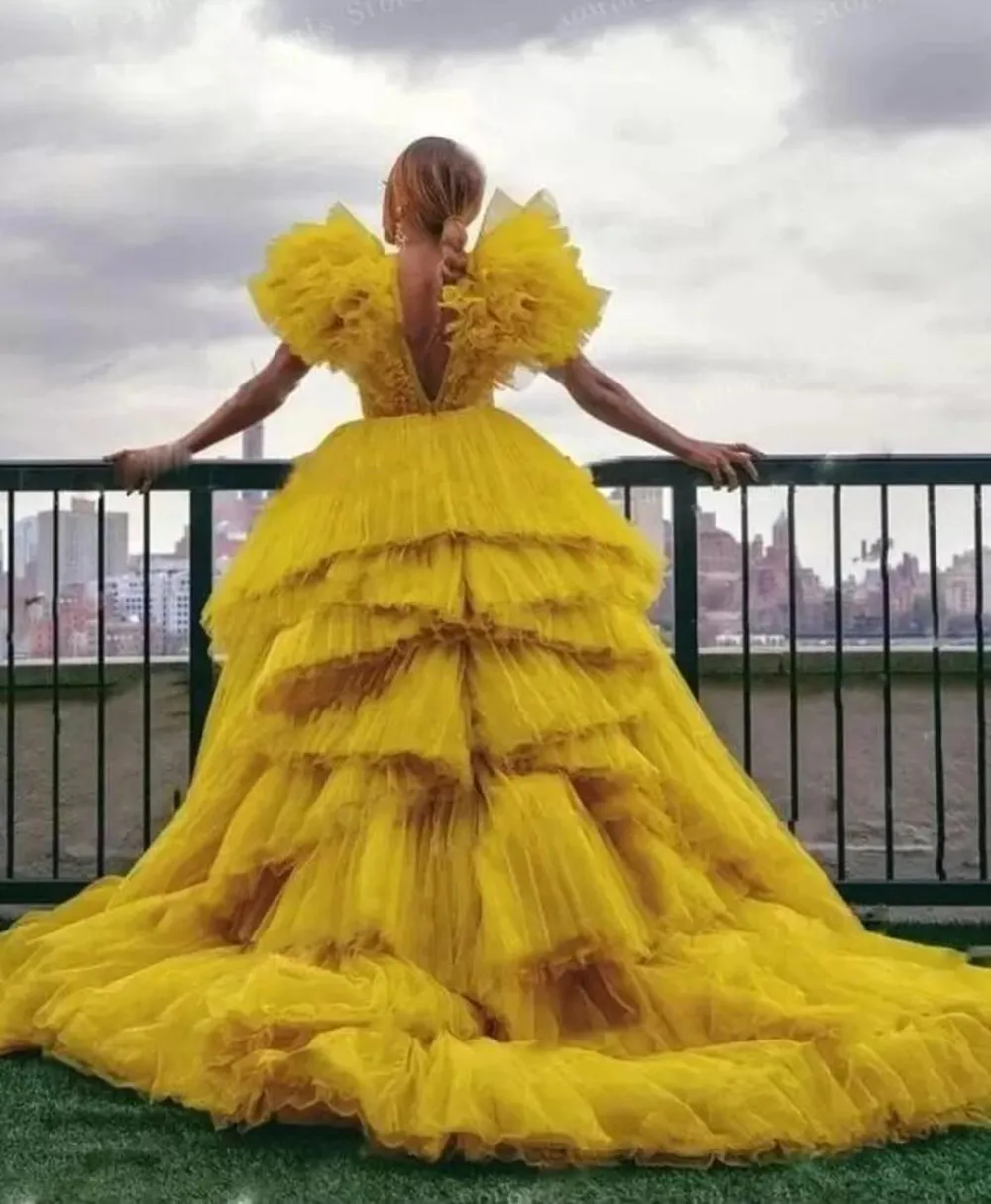 Robe de soirée en tulle jaune pour femmes, robes étoiles, volants extra gonflés, col en V, robe longue pour séance photo, robe de soirée éducative, nouveau