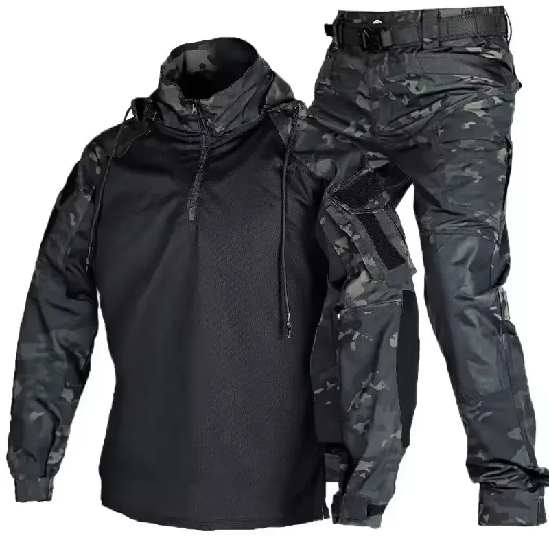Tarnuniform Taktische Anzüge Verschleißfeste T-Shirts mit Kapuze Cargo-Hosen Herren Kampfhemden Airsoft Paintball Training Jagdbekleidung – Detail 5