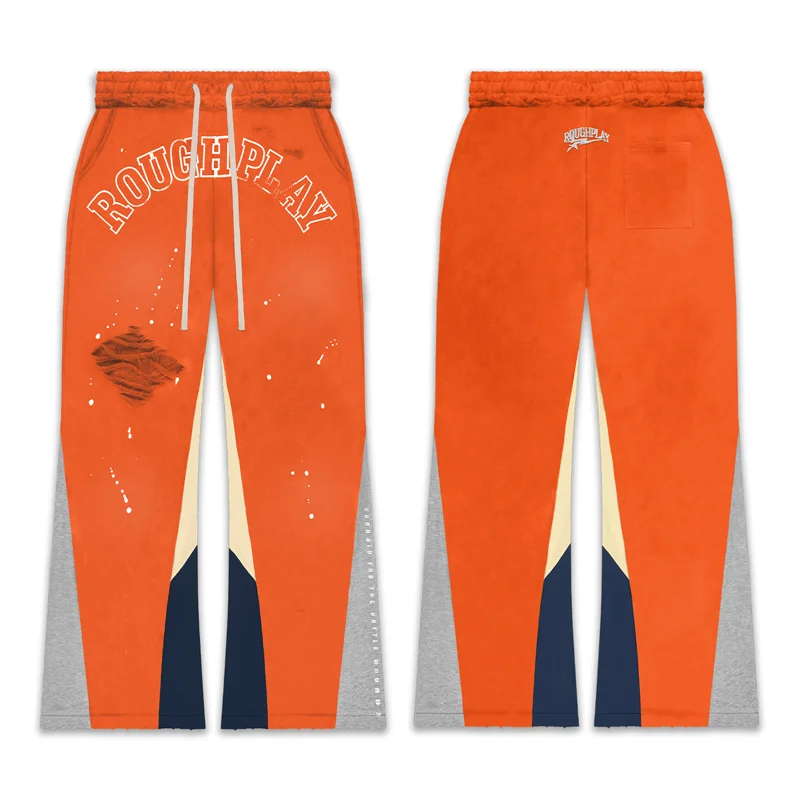 High Street Spray Dye Rough Play Casual Pants Side Panel Splice Splatter Ripped Men's Wide Leg Sweatpants