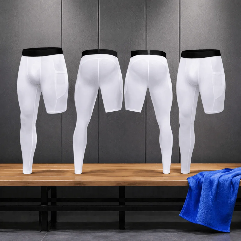 2pcs White Men's One Leg Compression Pants Polyester Spandex Asymmetrical One Leg Single Leg Athletic Tight High Stretch