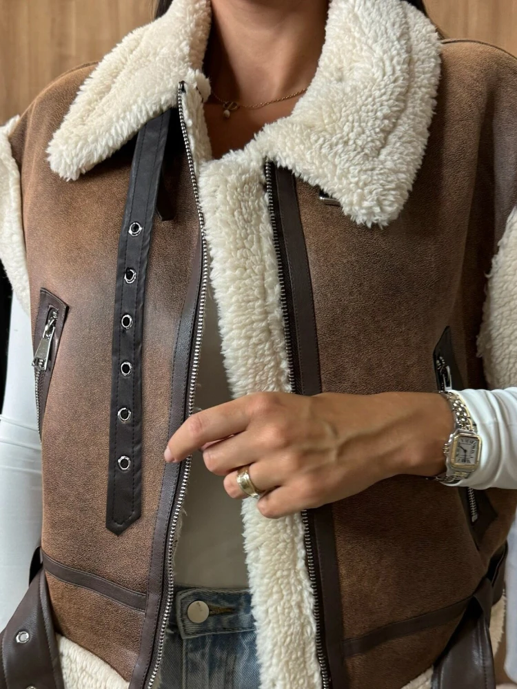 جديد إمرأة شتاء فو سترة من جلد الغزال أكمام سستة حتى الصوف شيربا اصطف سترة موضة بلون ملابس خارجية غير رسمية معطف سترة