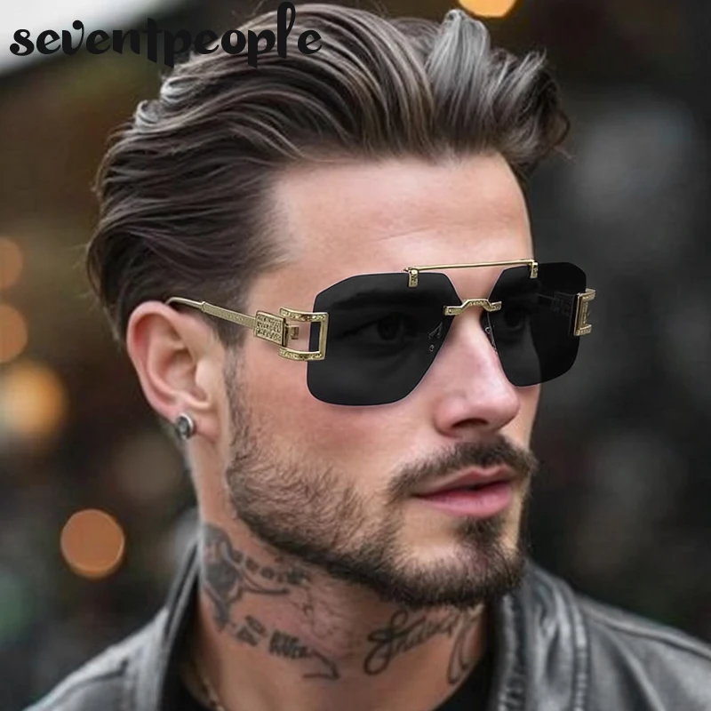 

Vintage Rimless Polygon Punk Sunglasses Men 2025 Luxury Brand Frameless Square Sunglass Trendy Double Beam Shades For Male UV400