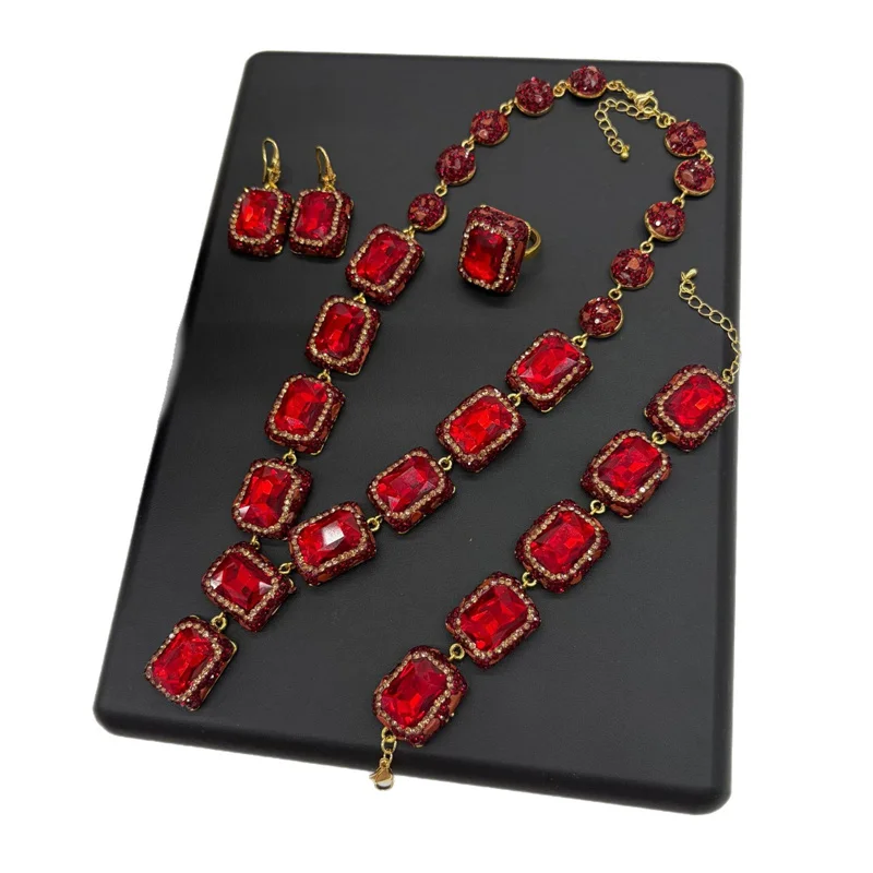 4Pcs Luxury Women Sparkling Clear Rectangle Crystal Necklace Earrings Bracelet Ring for Bridal Wedding Party Evening Jewelry Set