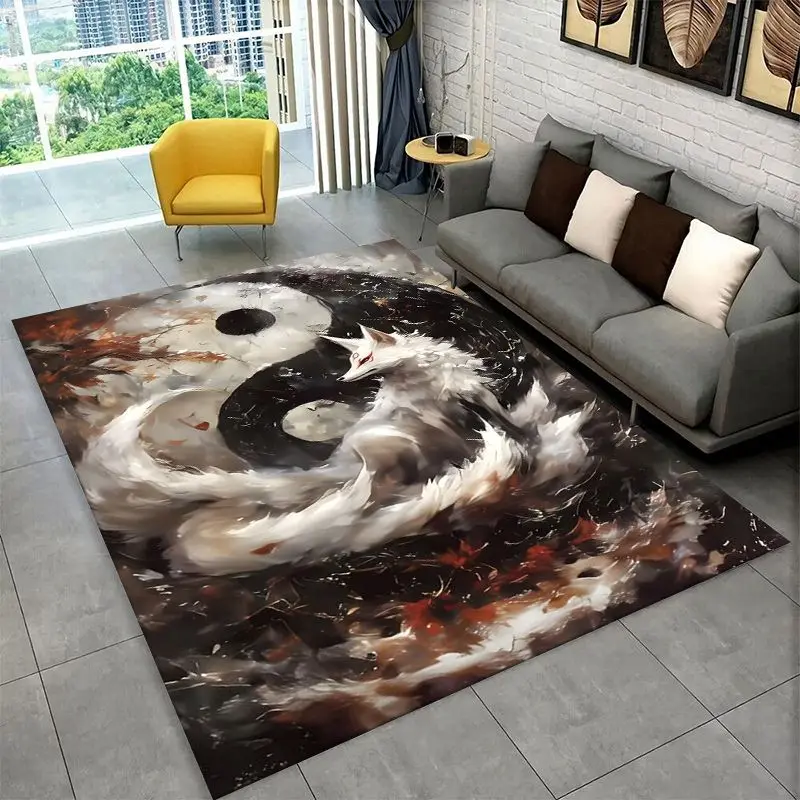 Yin Yang Fox Cute Animal Cartoon Large Area Rug Non-slip Carpet for Bedroom Living Room Sofa Doormat Home Decor Floor Mat Gift