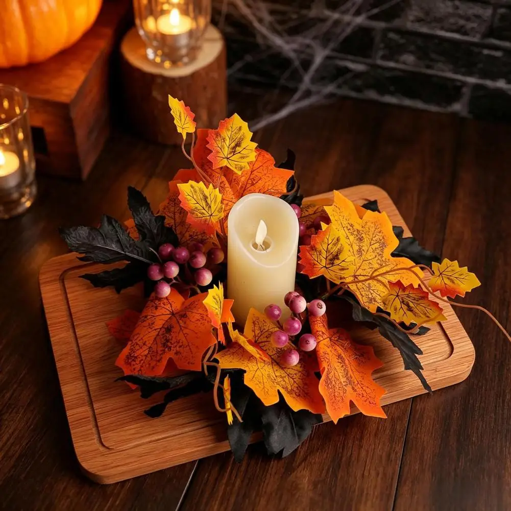 Spooky Home Decorations Halloween Floral Candle Ring Artificial Maple Rose Wreath Spooky Table Centerpiece Party Home for Fall