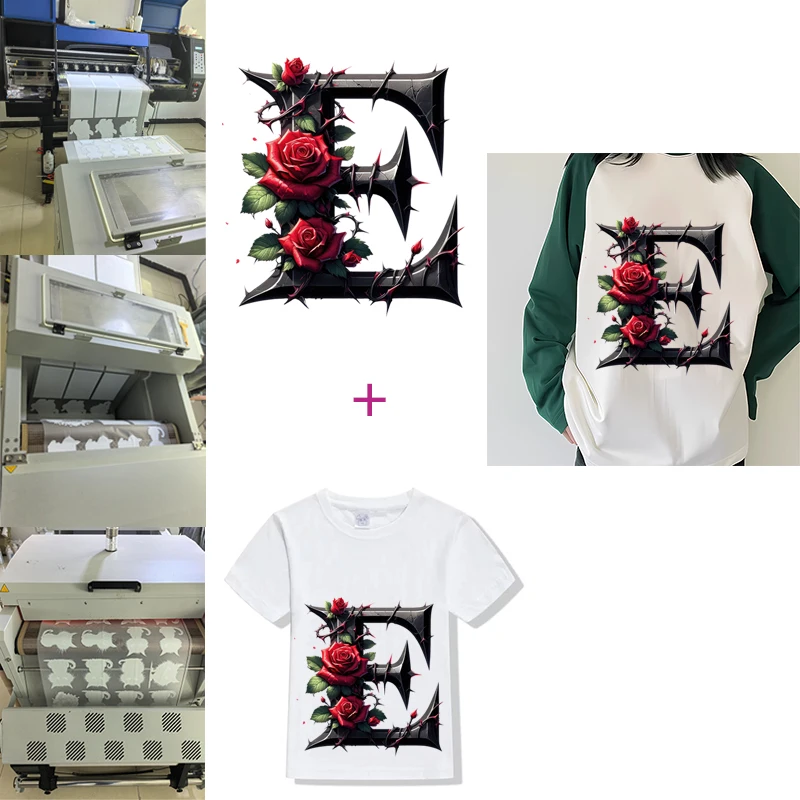 Dark style Flower rose A-Z Letter Visual Design Iron On Transfer for Clothing Transfers Ready to Press Heat Transfer Printing