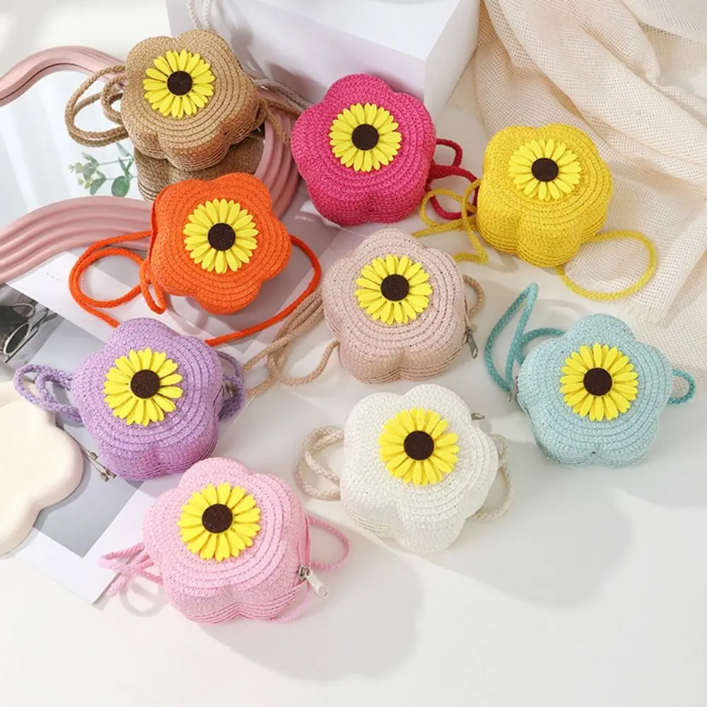 

New Straw Crossbody Bag Flower Woven Shoulder Bag Coin Purse Girls Children's Fashion Straw Bag