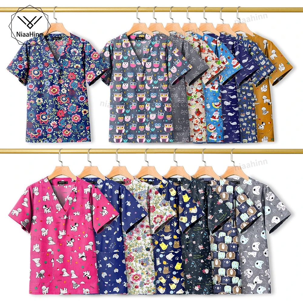 Impresso V-Neck Enfermeira Uniformes para Homens e Mulheres, Manga Curta, Dental, Oral, Médico, Pet, Hospital, Top, Scrubs Camisa, Spa, Uniforme de Beleza