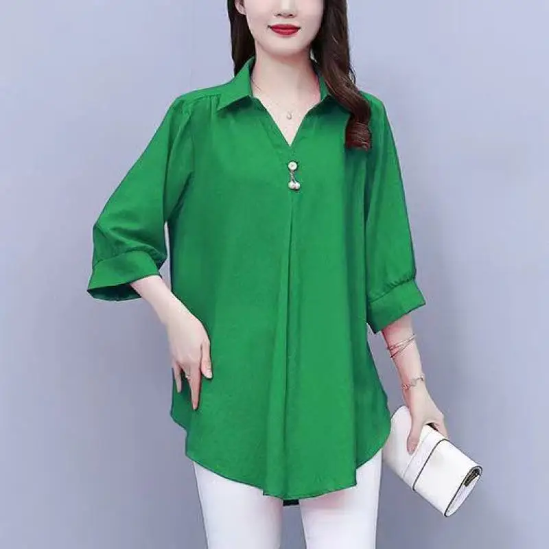 Women Summer Office Lady Elegant Loose Large Size Appear Thin Solid Color Slash Neck 3/4 Sleeve Shirts Ladies Casual Trend Tops