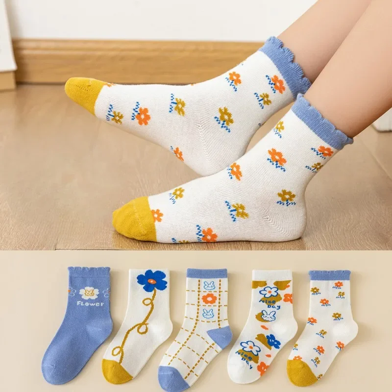 Cute Floral Design Kids' School Socks Set of 5 Pairs Spring Autumn Comfy Breathable Children's Footwear
