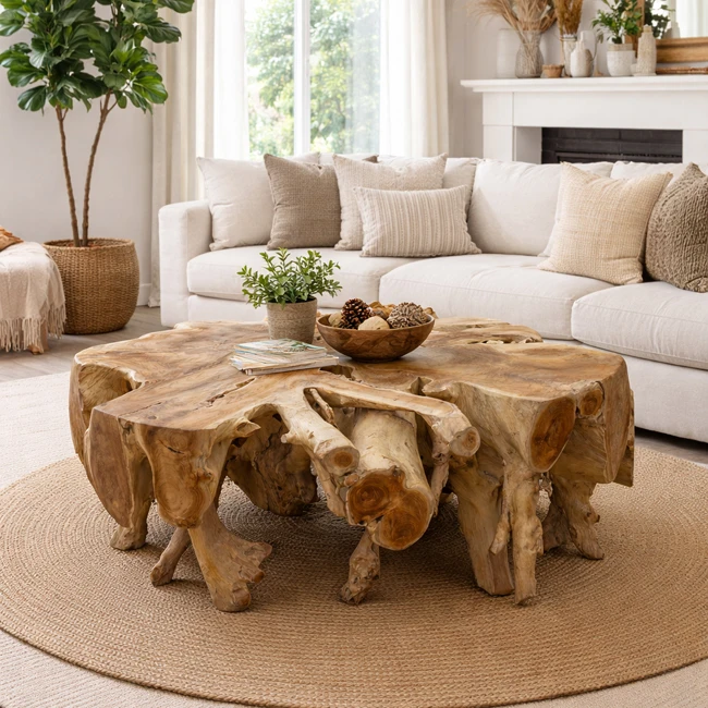 

High Quality Multifunctional Natural Teak Root Coffee Table Glass Top Durable Solid Wood Frame Contemporary Artistic Driftwood