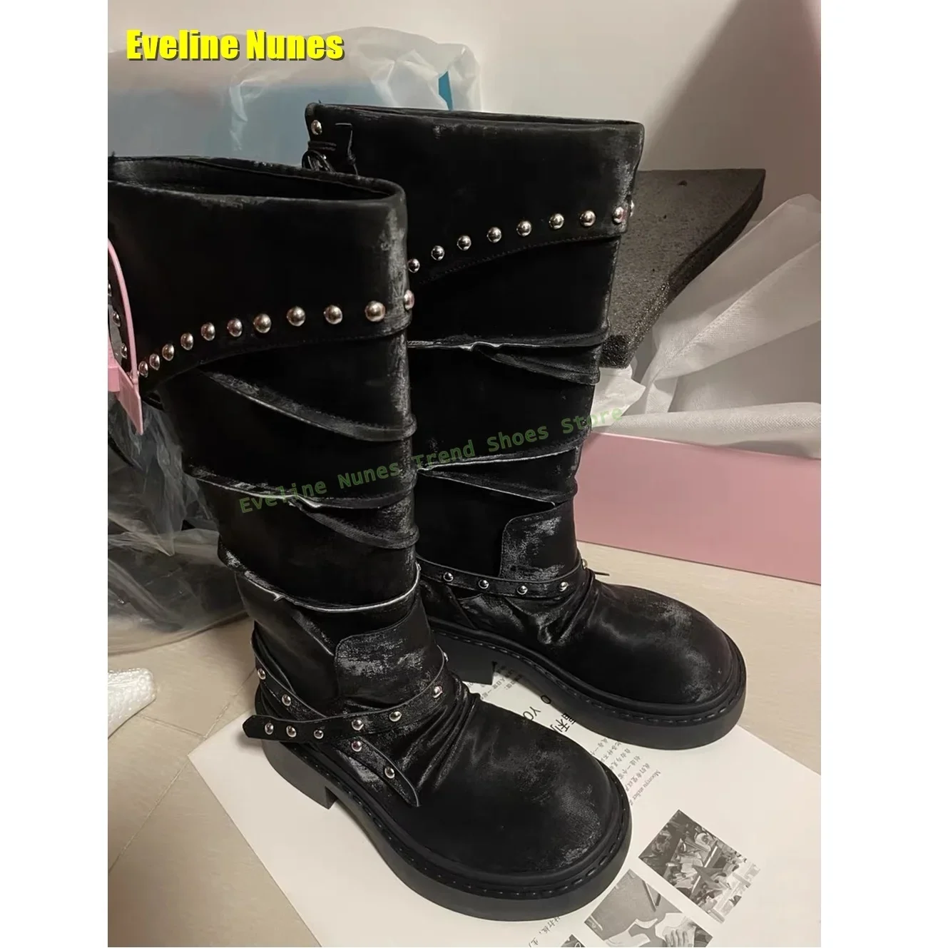 

Rivet Belt Buckle Lace Up Retro Boots 2025 Round Toe Chunky Heels Pleated Patchwork Women Knee High Boots Fold Down Vintage Boot