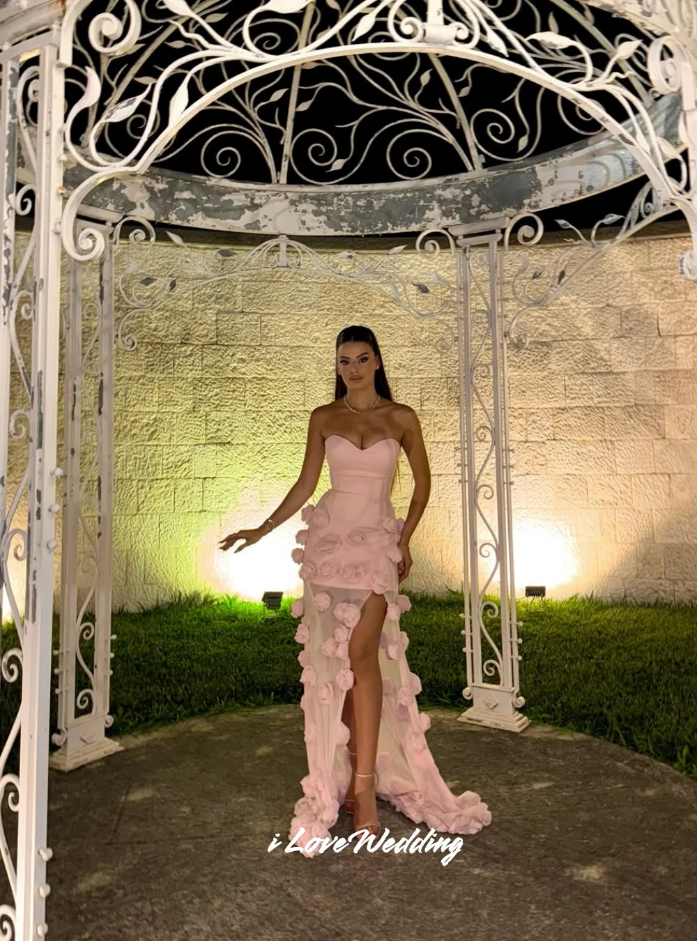 Pink Strapless Evening Dress 2025 Sweetheart Sleeveless Backless Lace-Up Mermaid 3D Flower Split Floor-Length Pleated Customized