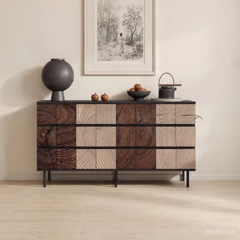 solid wood six-chester cabinet, five-bucket wall decoration, living room, vintage bedroom, carved drawer storage