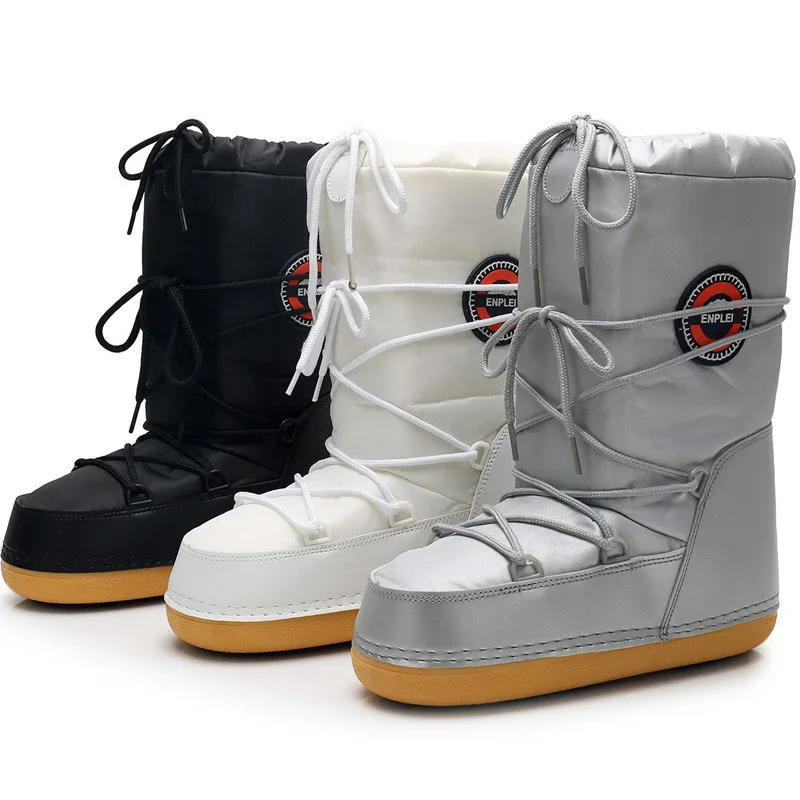 Winter Snow Boots Women Ski Boots Fluffy Hairy Lace Up Middle Calf Platform Flat with White Ski Space Boots view 2