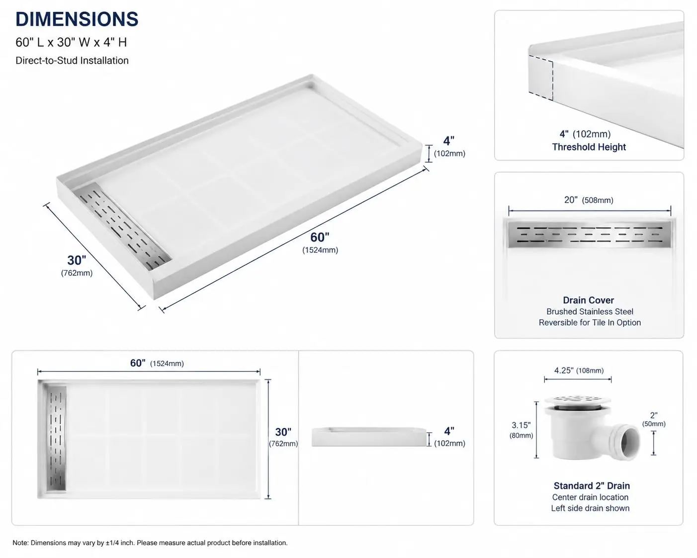Non-Slip Shower Base, 48 X 32 Inch, Left or Right Drain, Single Threshold Standard Pan, Removable SS304 Square Cover, Easy Installation, 3-Sided Water Barrier, White