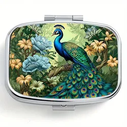 Tropical Style 2-Grid Peacock Pattern Pill Box-Stylish Portable Pill Box,Perfect for Pocket or Purse-Durable Vitamin Storage Box