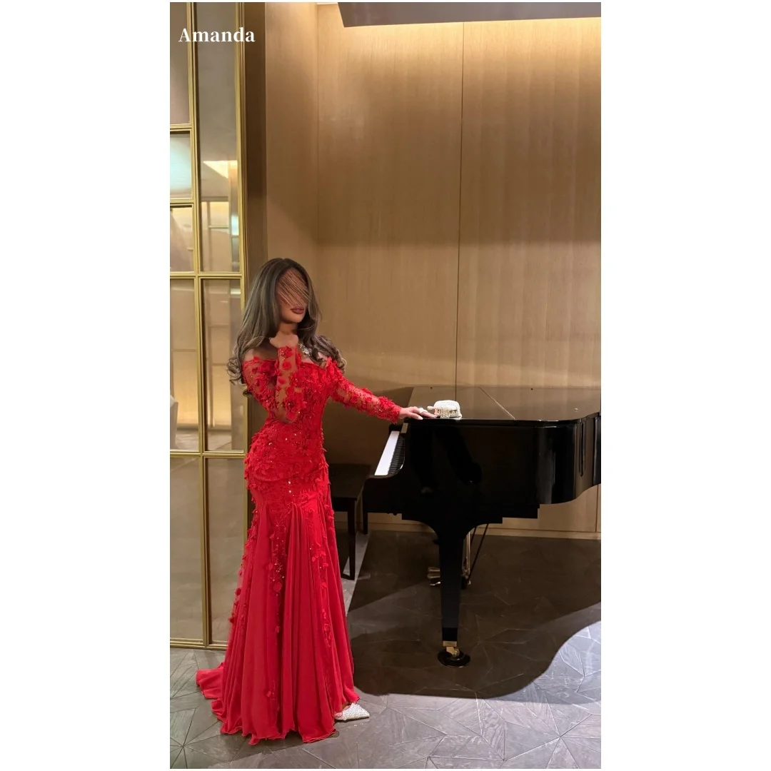 

Платье для выпускного вечера Amanda с красными блестками и 3D цветами по индивидуальному заказу, с открытыми плечами и длинными рукавами, платья de noche, расшитое бисером, торжественное вечернее платье 2025
