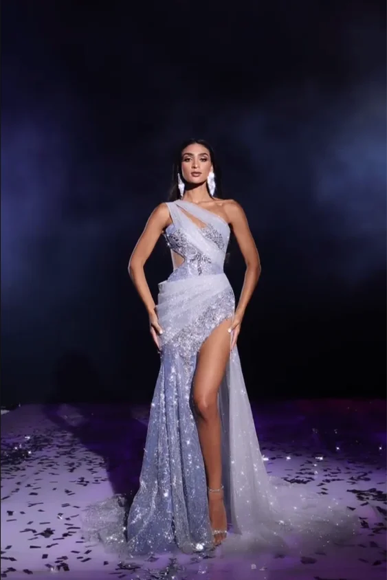 

Sexy Charming One Shoulder Mermaid Beaded Split Lace Prom Dresses Elegant Private Customized Back Zipper Evening Gowns Party Bar