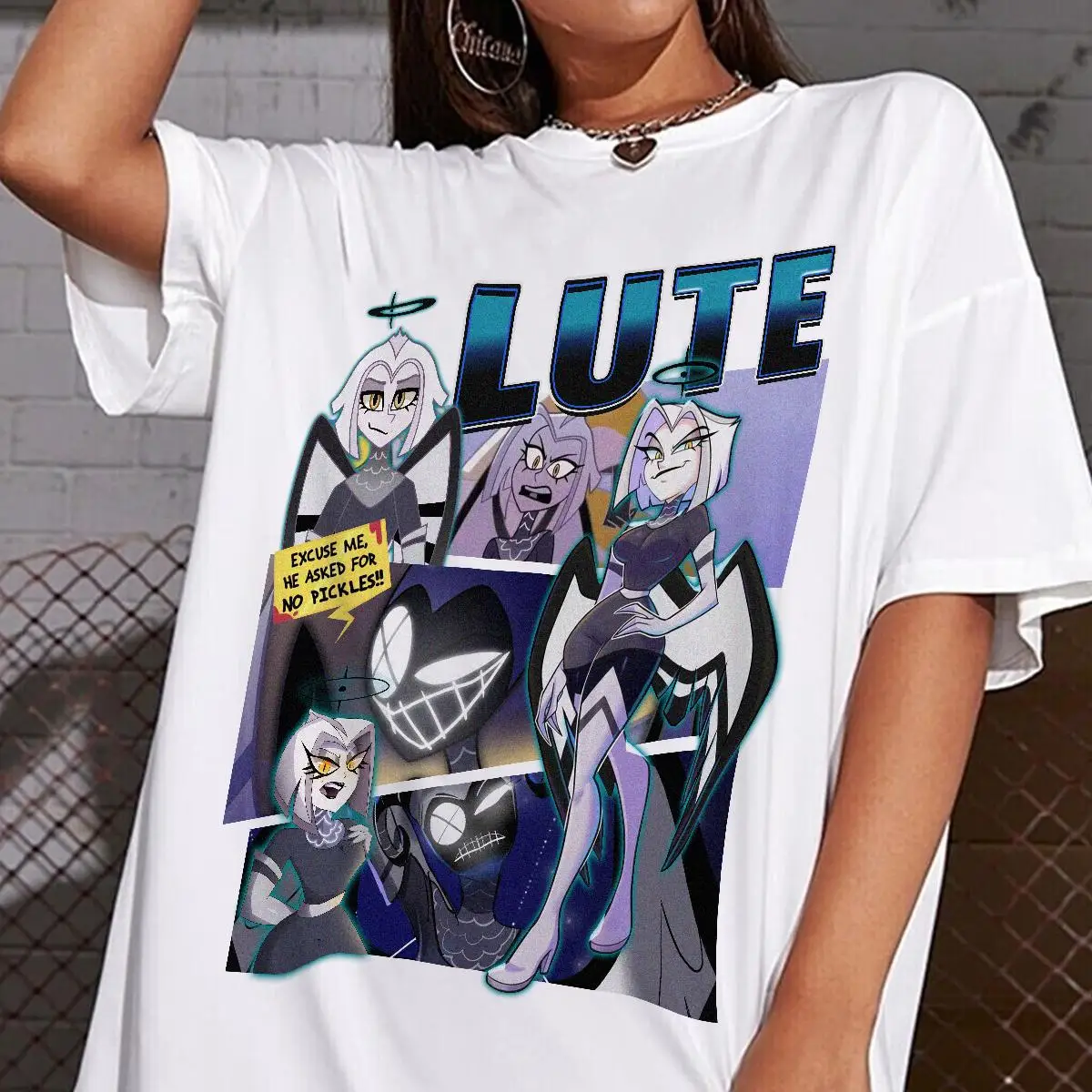 Hazbin Hotel Lute Vintage Collage Graphic T Shirt Cartoon Character Poster Print Women and Kids Short Sleeve Tee Fans Casual Top