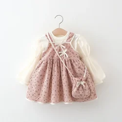 (Girls 0-3 years old) Fall New Girls' Dress Three-piece Top + Halter Dress + Crossbody Bag Bow Ribbon Lantern Sleeve Sweet