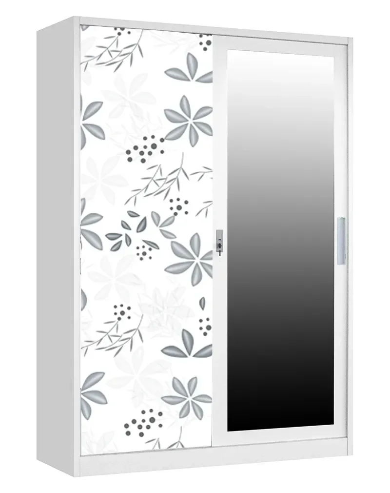 factory Steel Almirah Wardrobe 2 Sliding Doors Printing Pattern Metal Wardrobe with Safe Box