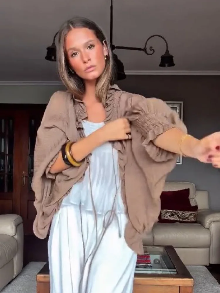 Fashion Brown V‑Neck Flowy Blouse Women Tie Front Ruffle Long Sleeve Casual Party Shirt 2026 Spring Autumn Trendy Streetwear