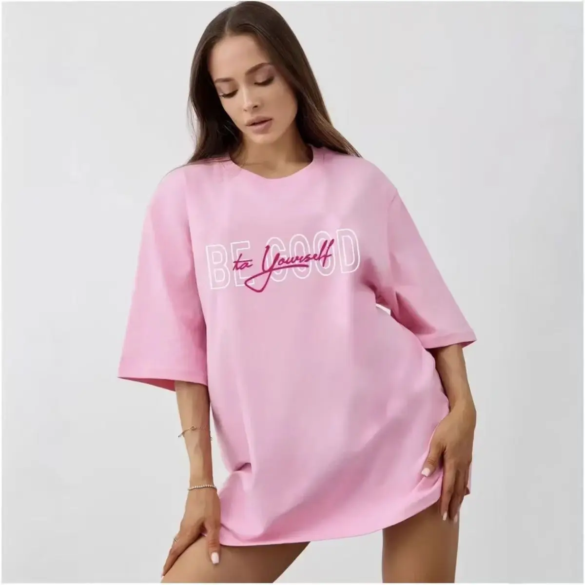 Oversized Pink T-shirt with Be Good To Yourself Print Funny Boutique Shirt Women's Fashion Tees Summer 100% Cotton Casual 2026