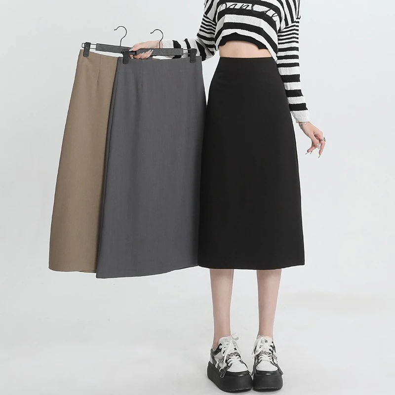 

Осенние женские юбки-миди с высокой талией и разрезом сзади, новинка 2025, весенние однотонные элегантные офисные юбки трапециевидной формы, женские юбки