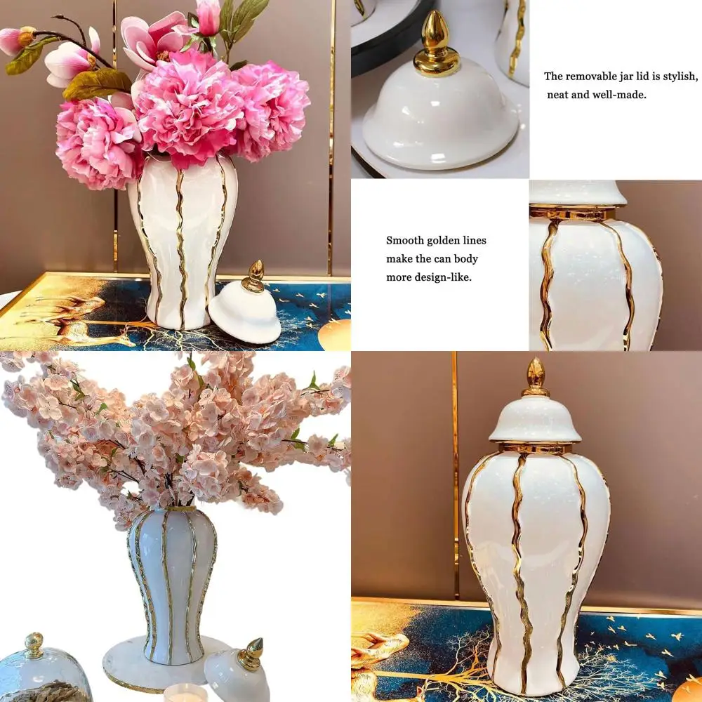 

14 White Ceramic Ginger Jar with Gold Stripes and Lid - Perfect for Home, Office, and Living Spaces