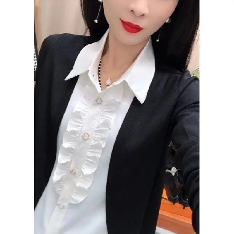 

Fake Two Piece Contrast Patchwork Vintage Blouse Spring Autumn New Long Sleeve Casual Shirt Tops Office Fashion Women Clothing