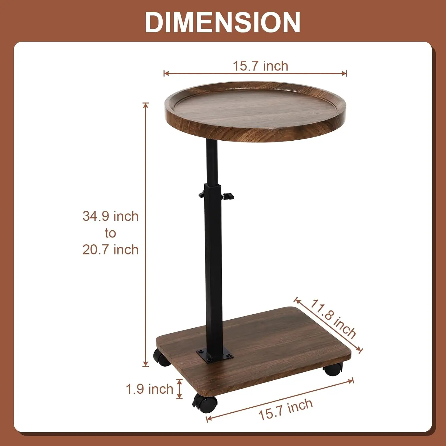 C Table End Table, Side Table C Table with Wheels,360° Rotatable (20.7-34.9inches) Height Adjustable