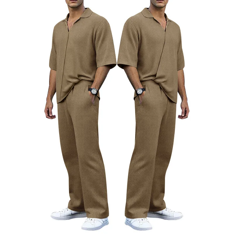 Free Print Logo Text Or Photo New Summer Sports Suit Solid Color Lapel Short-sleeved Pants Men's Casual Two-piece Set Cymg-1