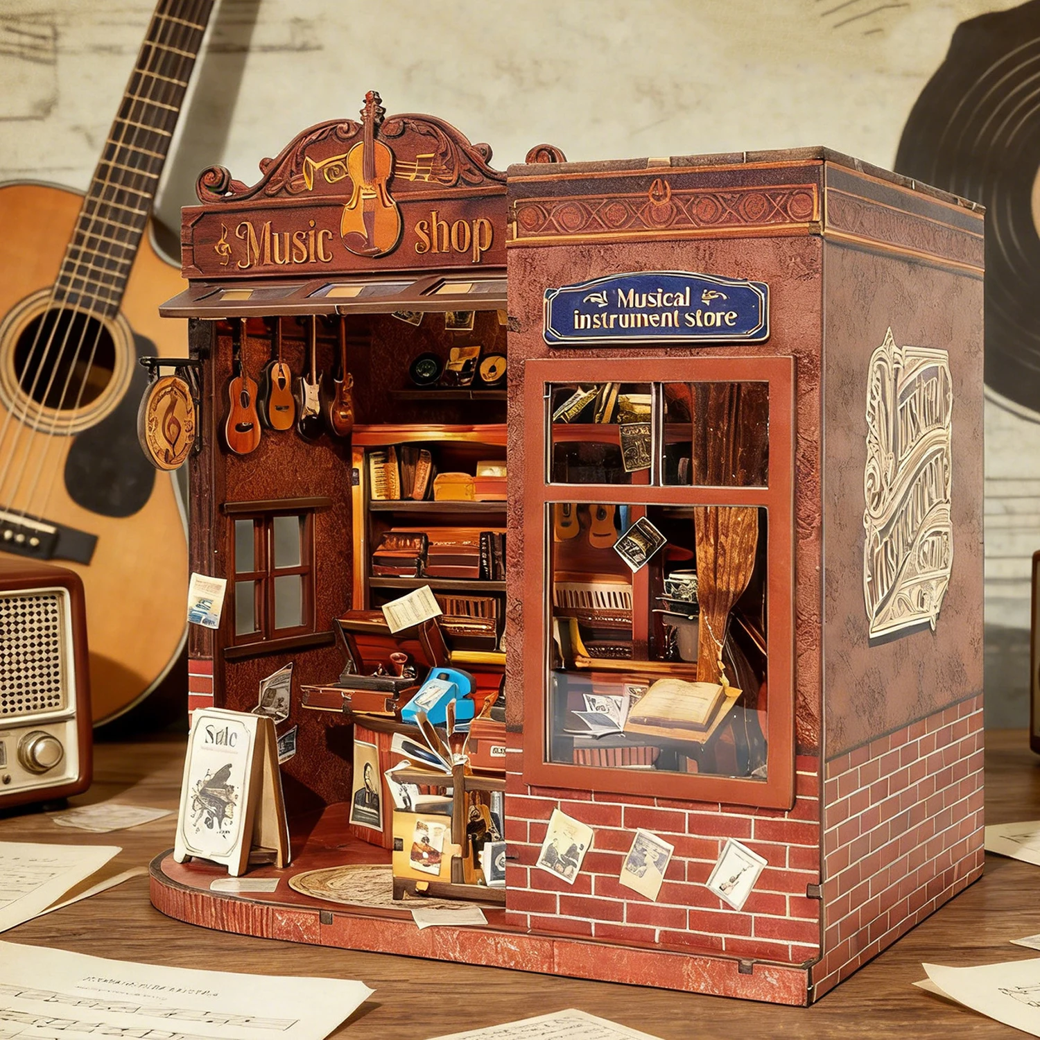

DIY Wooden Miniature Model Kit Musical Instrument Store 3D Puzzle Dollhouse With Furniture Light for Friends Birthday Gifts