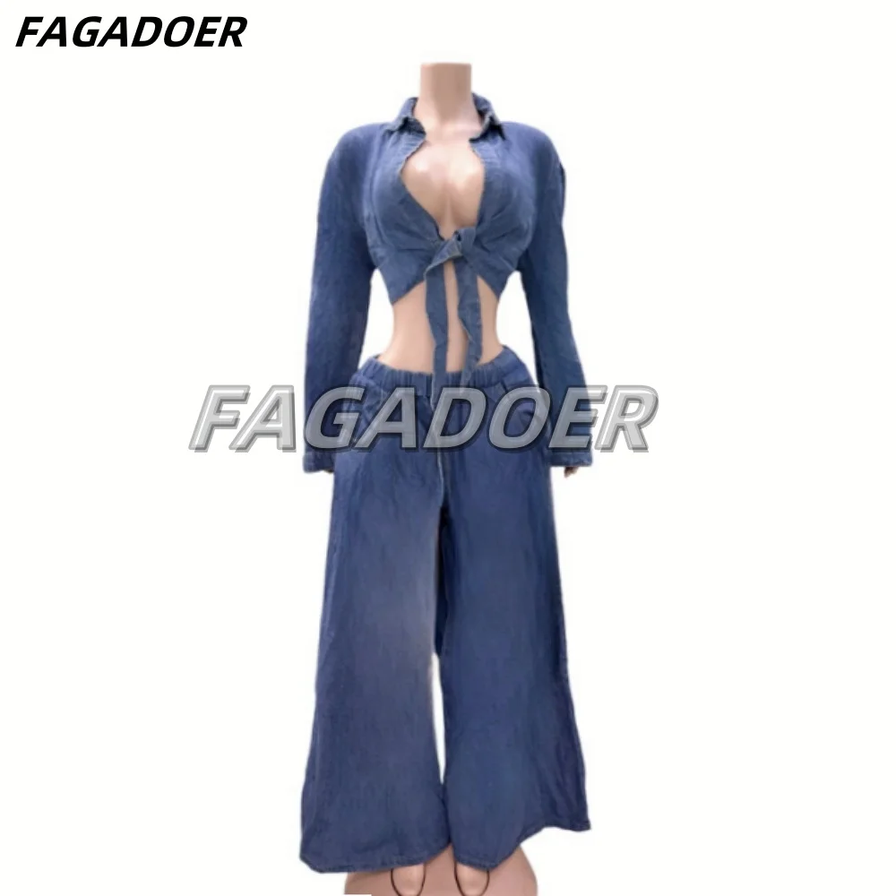 FAGADOER Fashion Bandage Wide Leg Jean Pants 2 Piece Sets Women Outfit Turndown Collar Crop Top and High Waist Denim Pants Suits