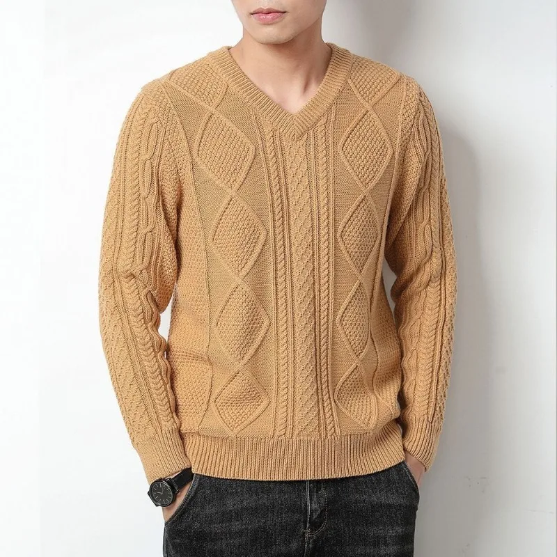 Men V Neck Cable Knit Long Sleeve Loose Pullover Sweater