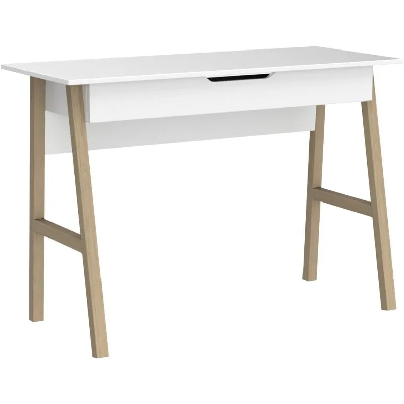 42 Inch Modern Desk - Wooden Study Writing Minimalist Desk with Storage- Student Desk/Table (White)