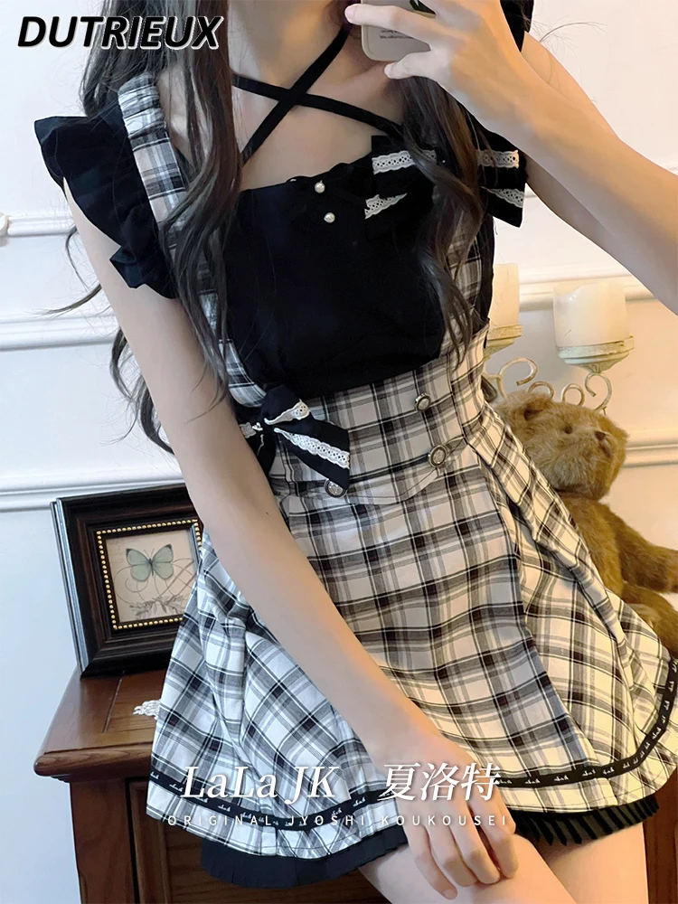 Summer New Square Neck Short-sleeved T-shirt Black Sweet Top and High Waist Contrasting Strap Short Skirt Two Piece Set