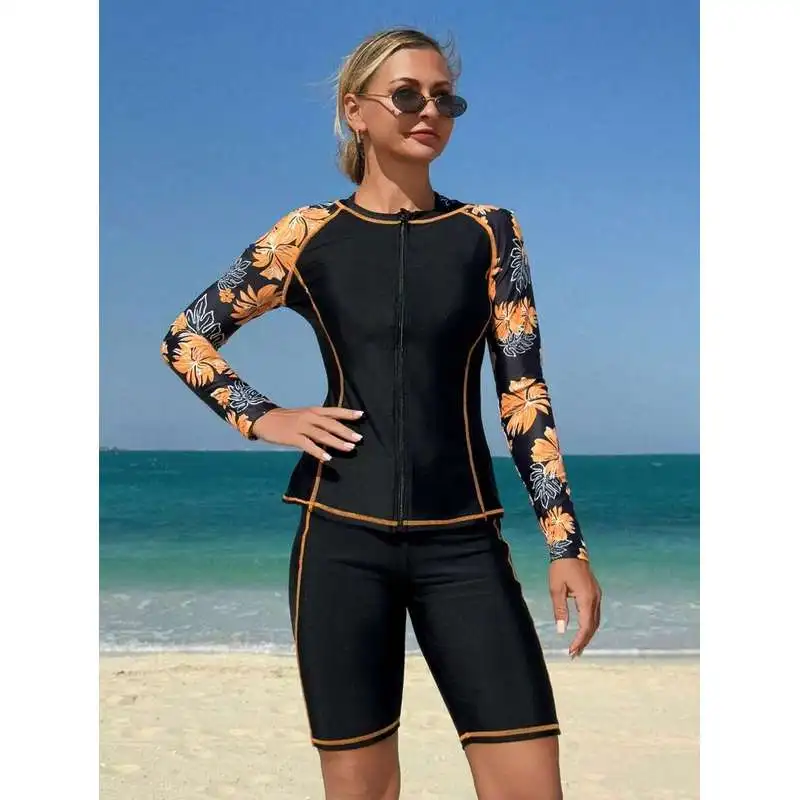 JEWELRY SEN Women 3‑Piece Rash Guard Swimsuit Floral Print Long Sleeve Zip‑Up Jacket Crop Top Knee‑Length Shorts SurfingSwimwear