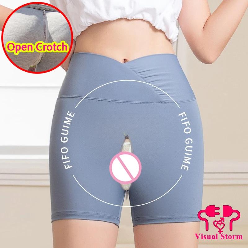 Woman Open Crotch Pants with Hidden Zipper Shorts Sport Trousers Crotchless Leggings Outdoor Quick Take Off Underpants Sexy Pant