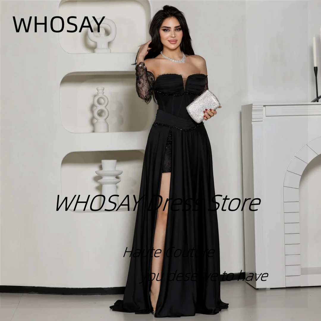 

WHOSAY Customized High Side Slit Vestidos Des Noches Ruched Sweetheart Prom Dresses Beaded Lace Long Sleeves Evening Party Gowns