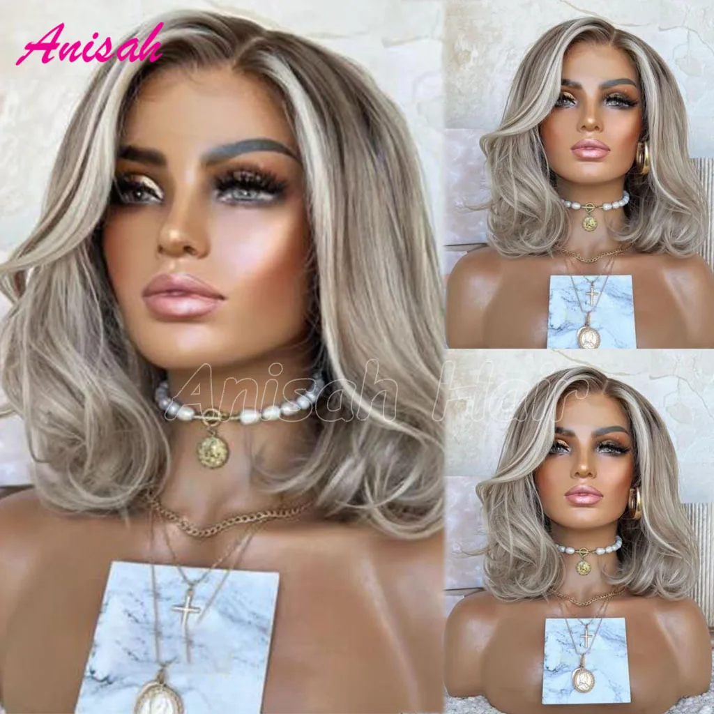 Highlight Ash Blonde Lace Front Short Bob Human Hair Wig Glueless 4x4 Hd Transparent Lace Closure Wigs for Women Prepluck