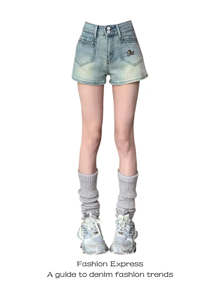 

American Retro Blue Denim Short Pants Women's New plus Size Fat MM Slimming Hot Pants High Waist A-Line Bodycon Shorts